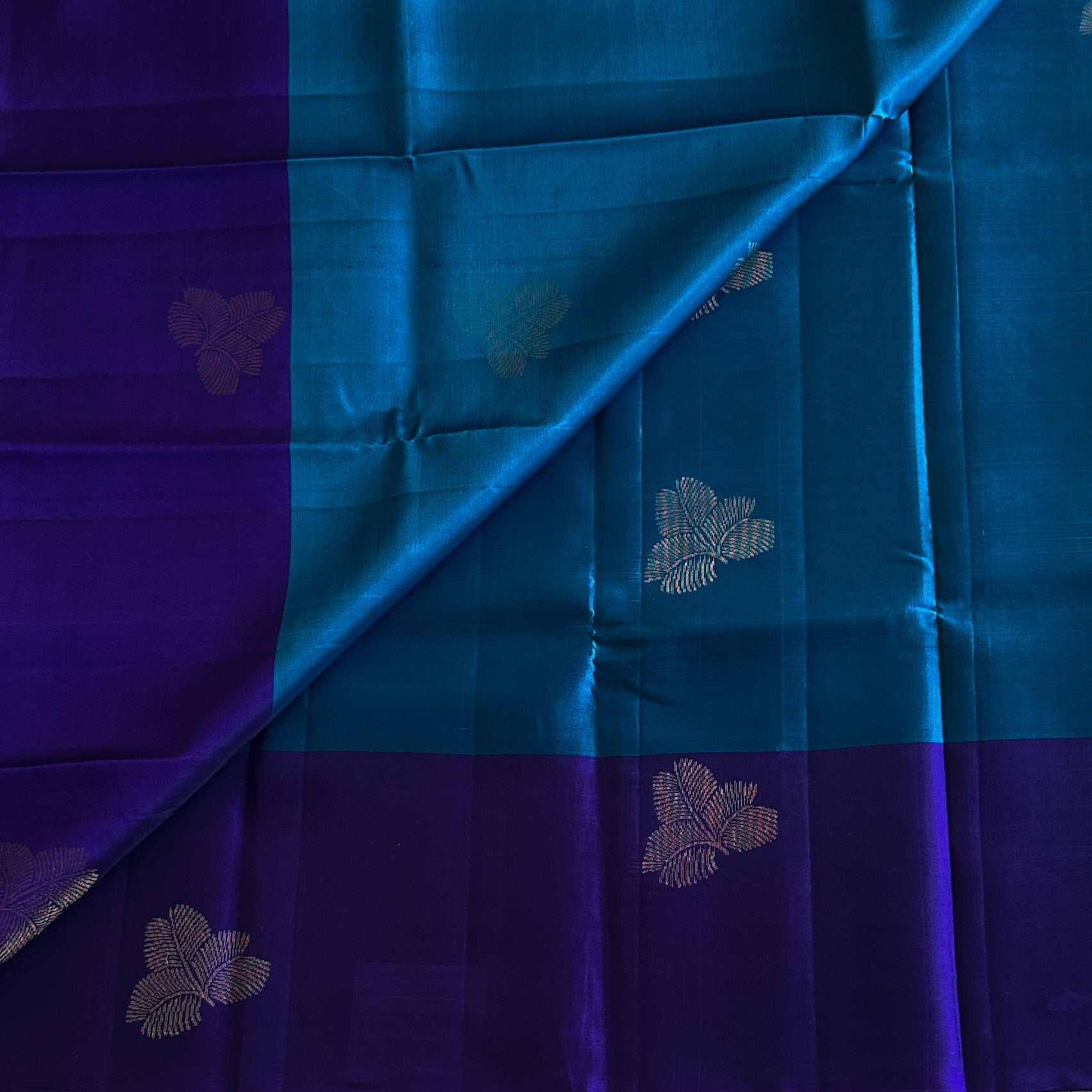 Royal Purple Teal Pallu Silk Saree With Gold Zari Border