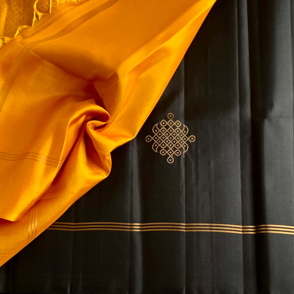 Charcoal Black Designer Kollam Pure Silk Saree With Mustard Yellow Pallu
