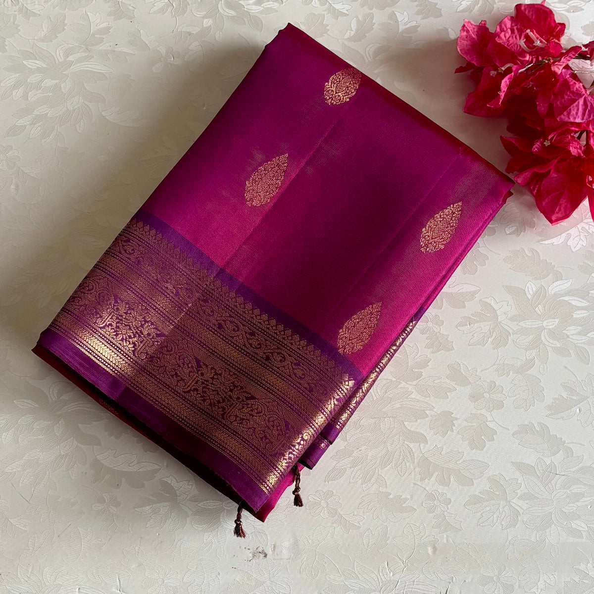 Exquisite Magenta Designer Pure Silk With Violet Purple Pallu