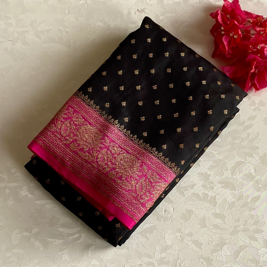 Jet Black Banarasi Crepe Silk Saree With Rani Pink Border