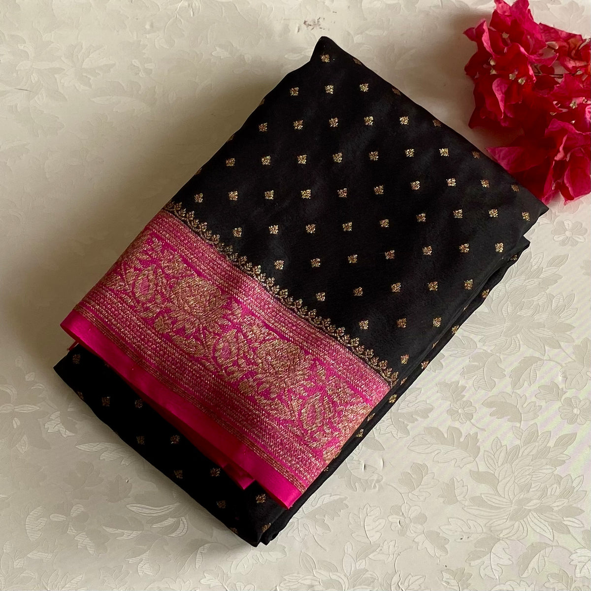 Jet Black Banarasi Crepe Silk Saree With Rani Pink Border