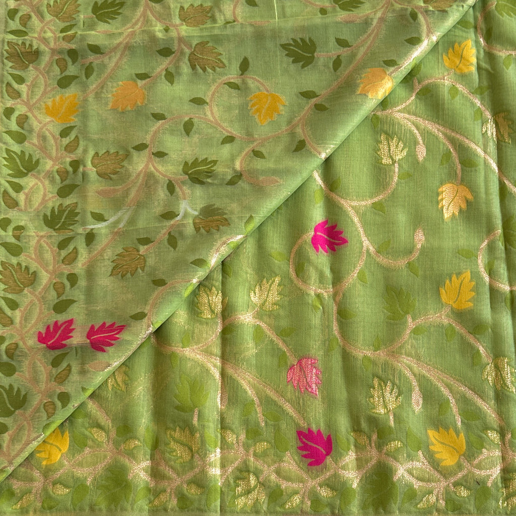 Lime Green Floral Zari Saree Fuchsia Mustard Motifs Tassel Edge