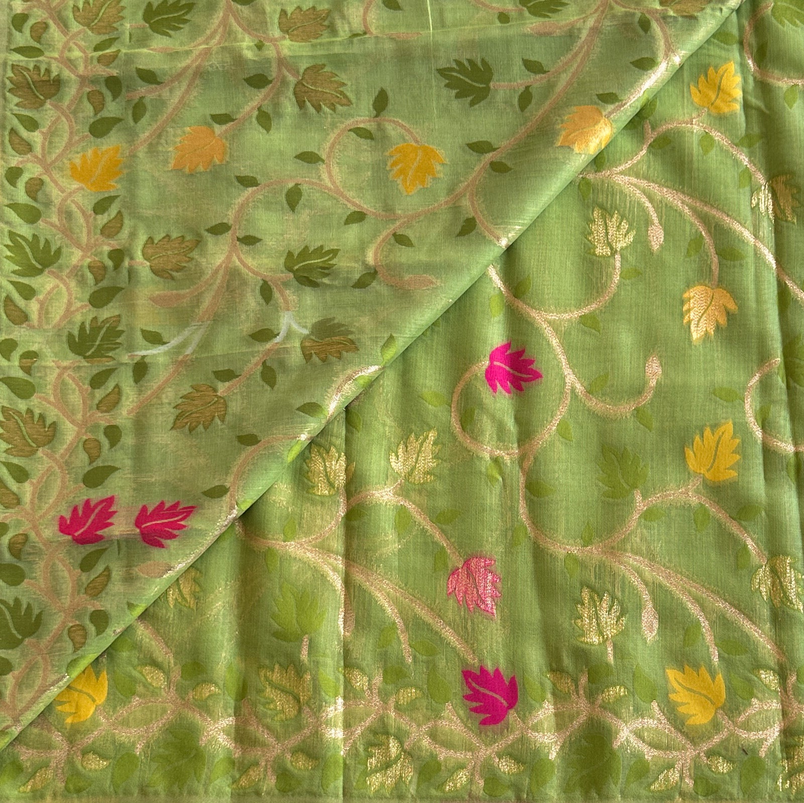 Lime Green Floral Zari Saree Fuchsia Mustard Motifs Tassel Edge