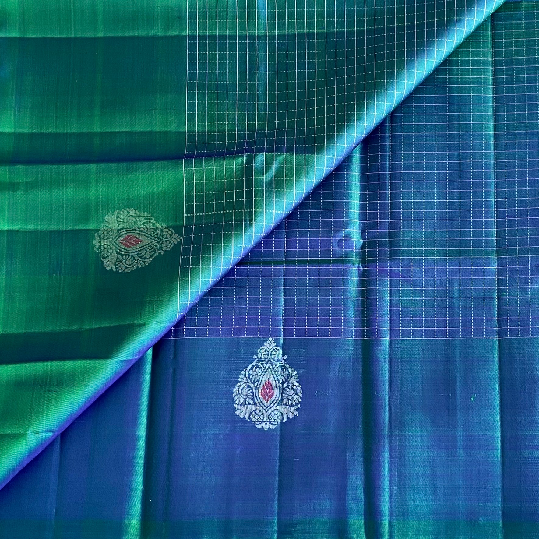 Teal Blue Designer Pure Silk Saree With Emerald Green Pallu