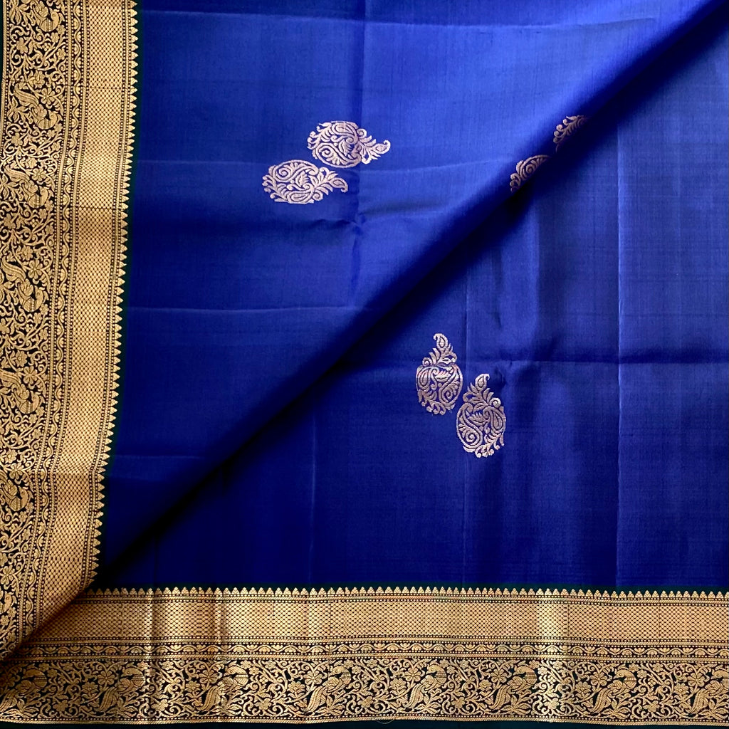 Royal Blue Saree Teal Pallu Gold Zari Border
