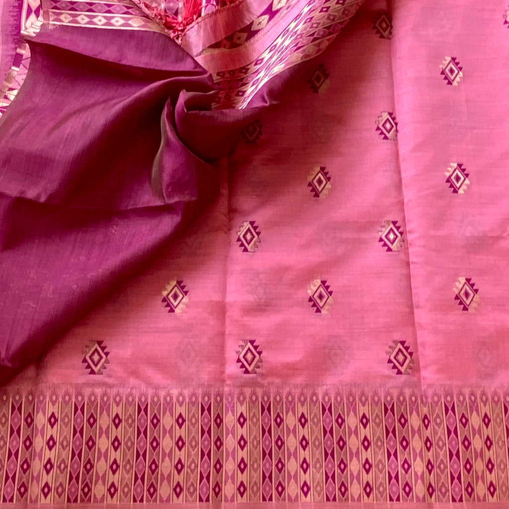 Rose Pink Silk Saree with Gold Zari Diamond Pallu Border