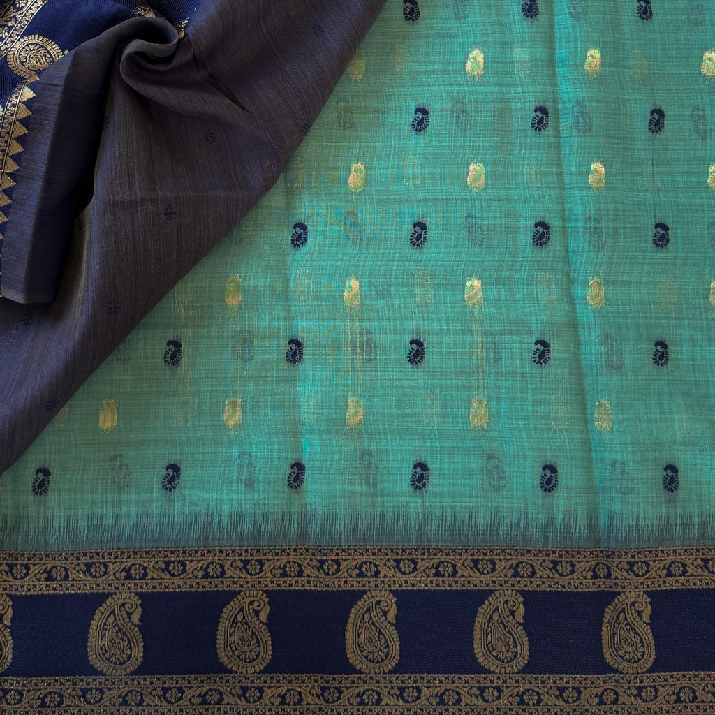 Teal Navy Gold Paisley Zari Saree With Tassels Elegant Traditional