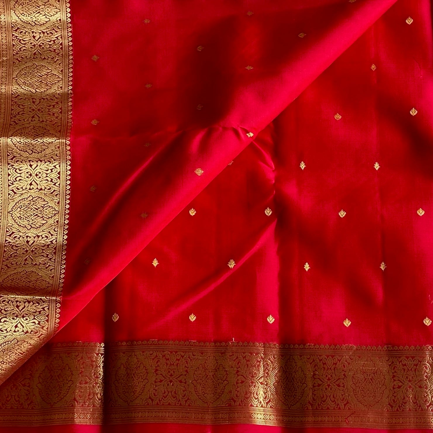 Crimson Red Designer Pure Silk Saree With Antique Gold Brocade