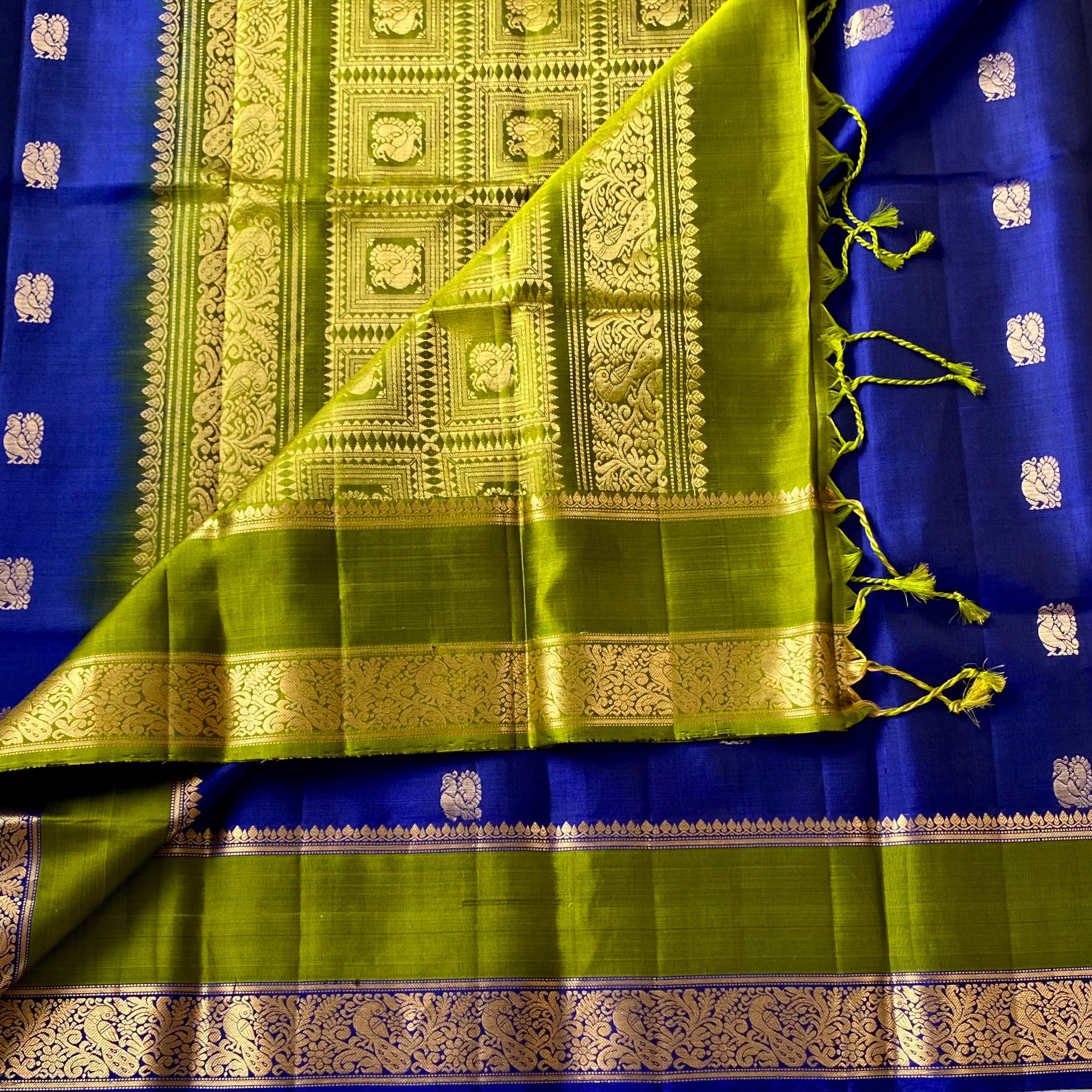 Navi • Royal blue with exquisite olive green handwoven designer pure silk