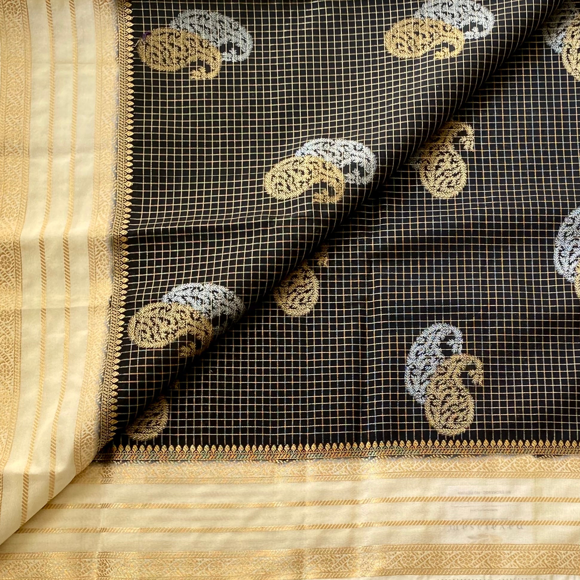Elegant Black Gold Paisley Brocade Saree with Champagne Gold Pallu