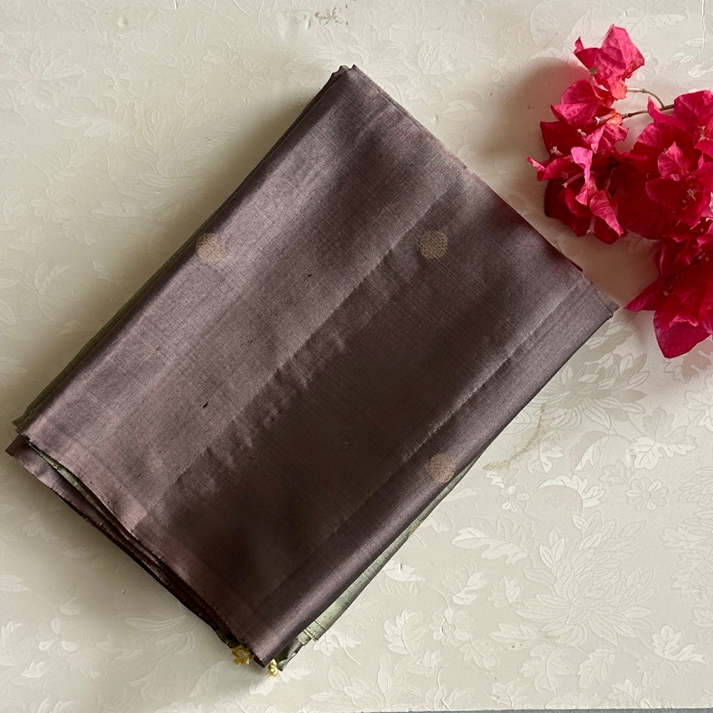Half n half Greyish Gold with Deep Plum Designer Pure Silk with Zari Woven Buttas