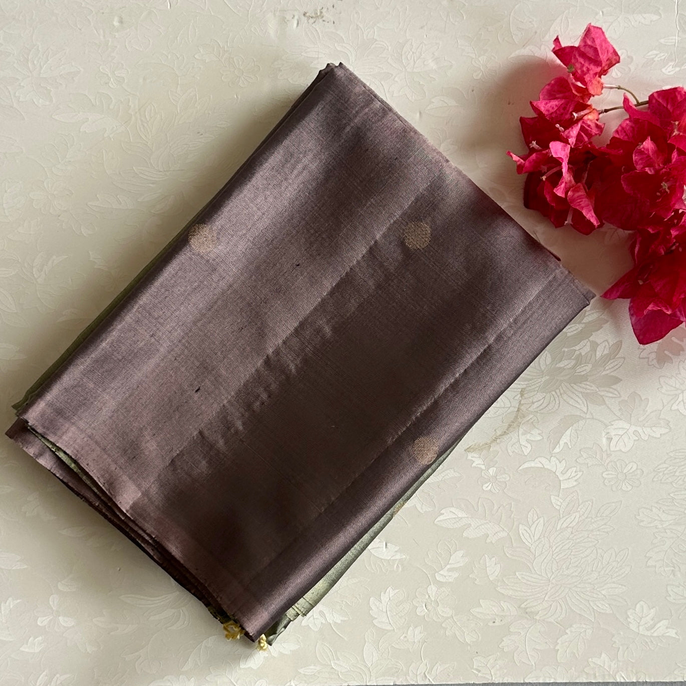 Half n half Greyish Gold with Deep Plum Designer Pure Silk with Zari Woven Buttas