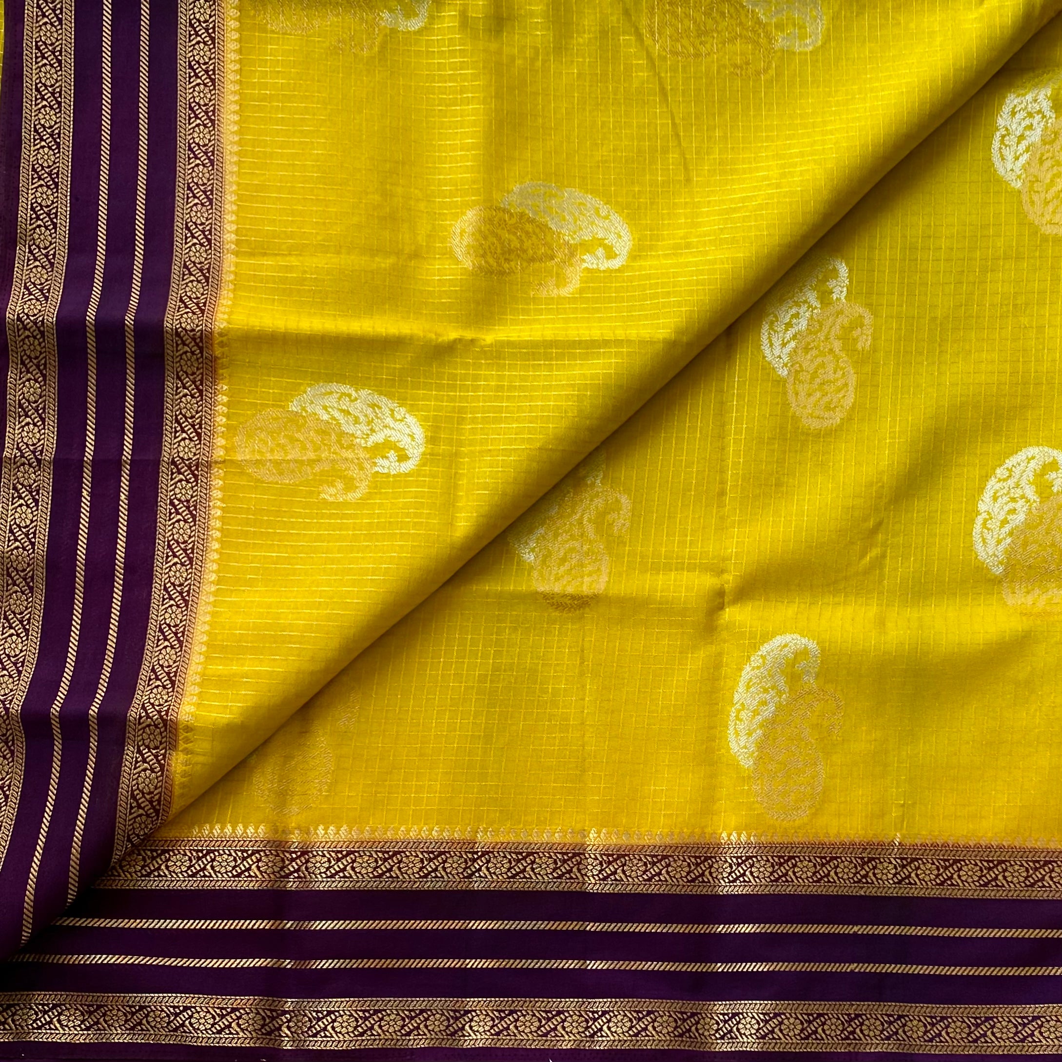 Elegant Mustard Yellow Saree With Contrasting Purple Gold Brocade Pallu