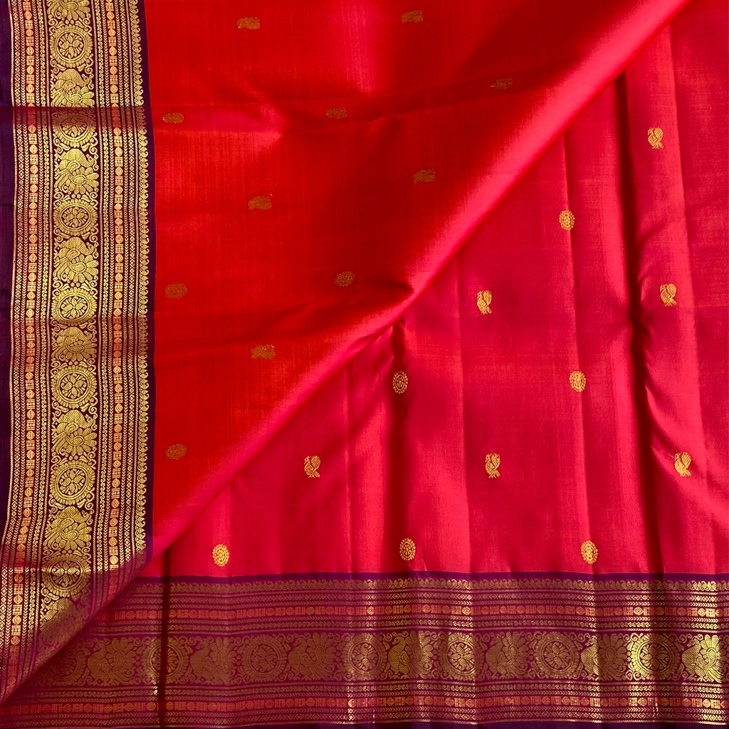 Deep Kanakambari Kanjeevaram Pure Zari Silk Saree With Rich Violet Magenta Contrast