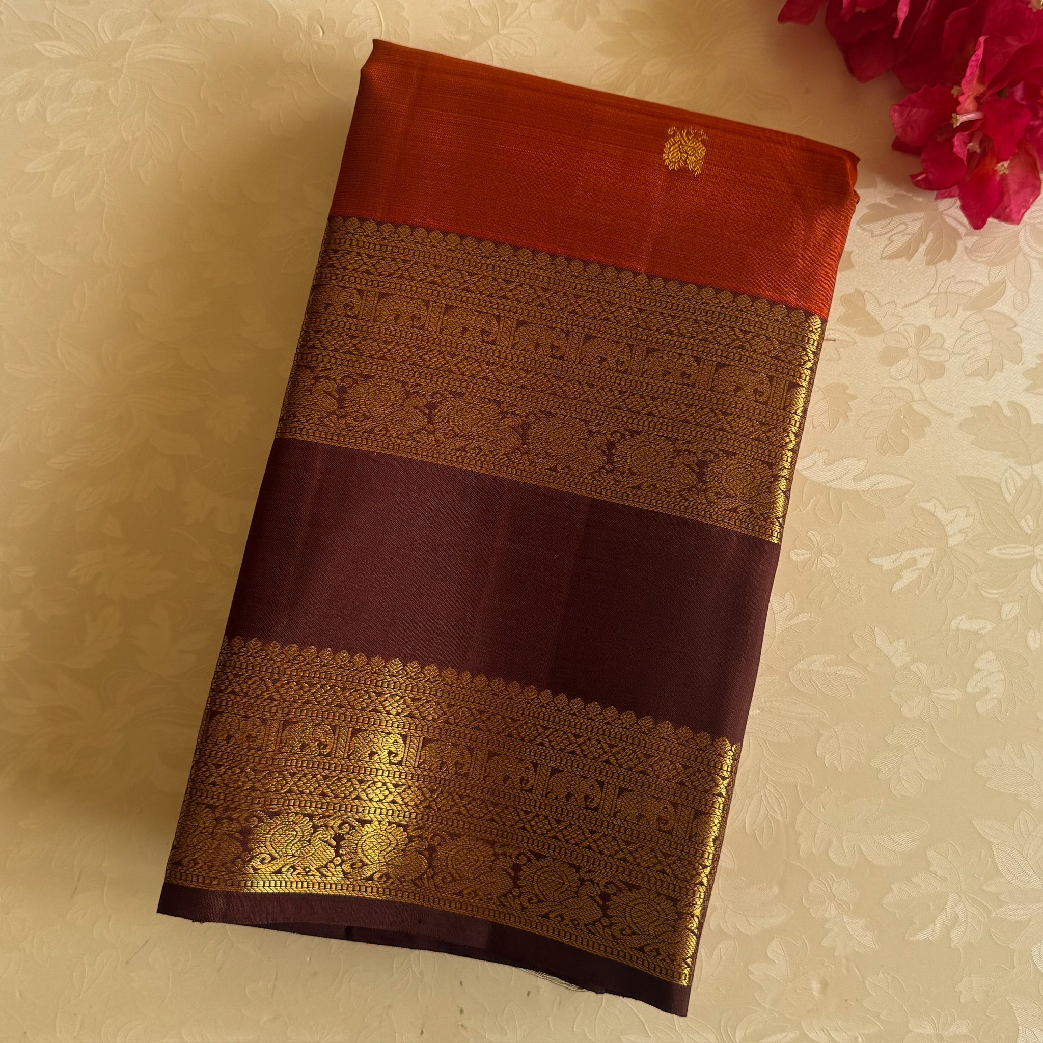 Burnt Orange Maroon Silk Saree With Gold Brocade Traditional Border