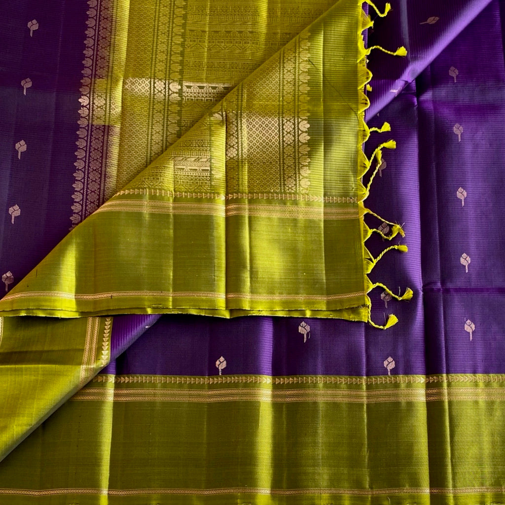Olive Green Designer Pure Silk Saree With Royal Purple Pallu