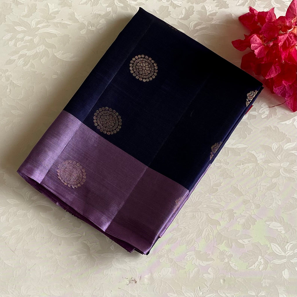 Deep Bluish Purple Designer Pure Silk Saree With Metallic Mauve
