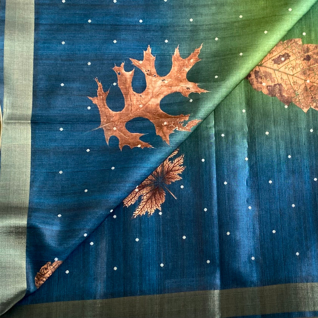 Ombre Shades of Blue & Green Soft Tussar Saree With Emerald Green Pallu