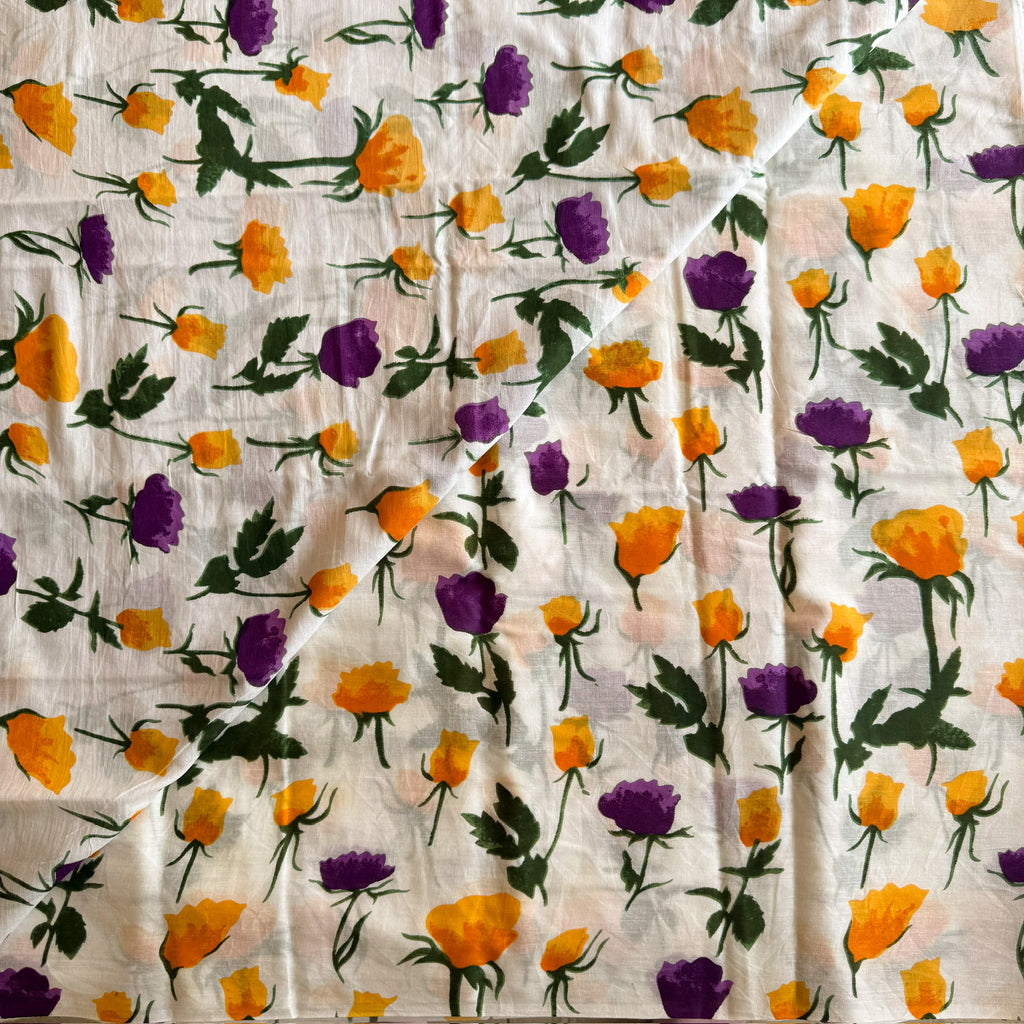 Pale Grey Floral Cotton Saree Mustard Purple Diamond Pallu Lightweight