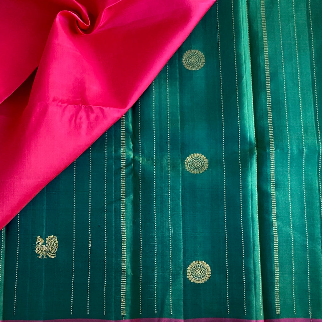 Peacock Green Designer Pure Silk Saree With Rani Pink Pallu