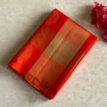 Vibrant Shades Of Orange Designer Pure Silk Saree With Golden Beige Checks