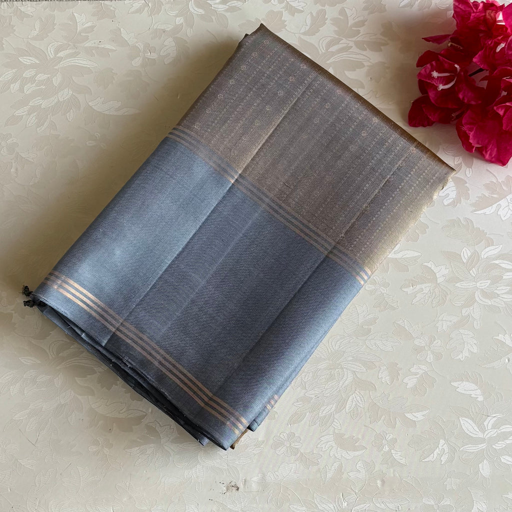 Rare Slate Grey Designer Pure Silk Sare With Pastel Powder Blue Pallu