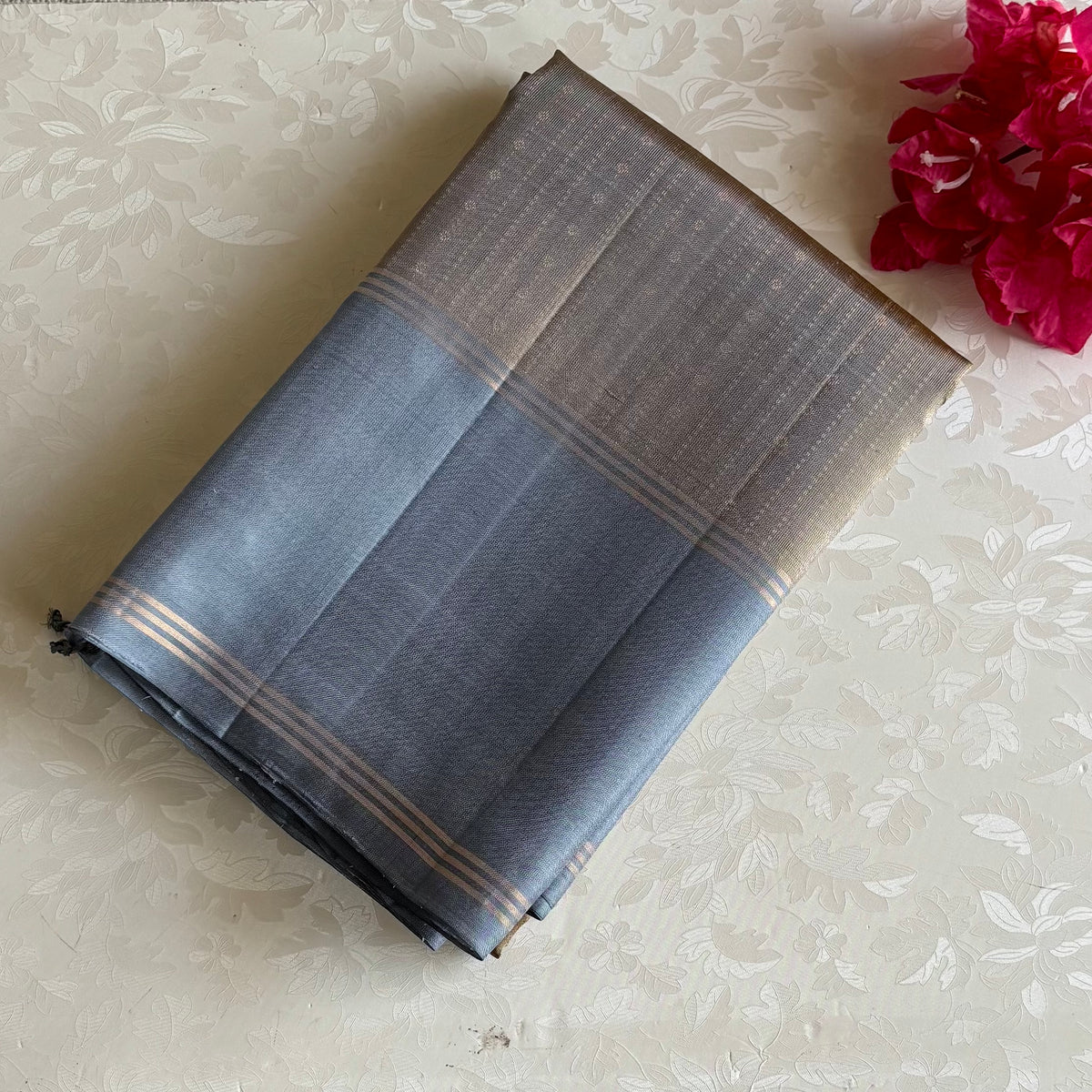 Rare Slate Grey Designer Pure Silk Sare With Pastel Powder Blue Pallu