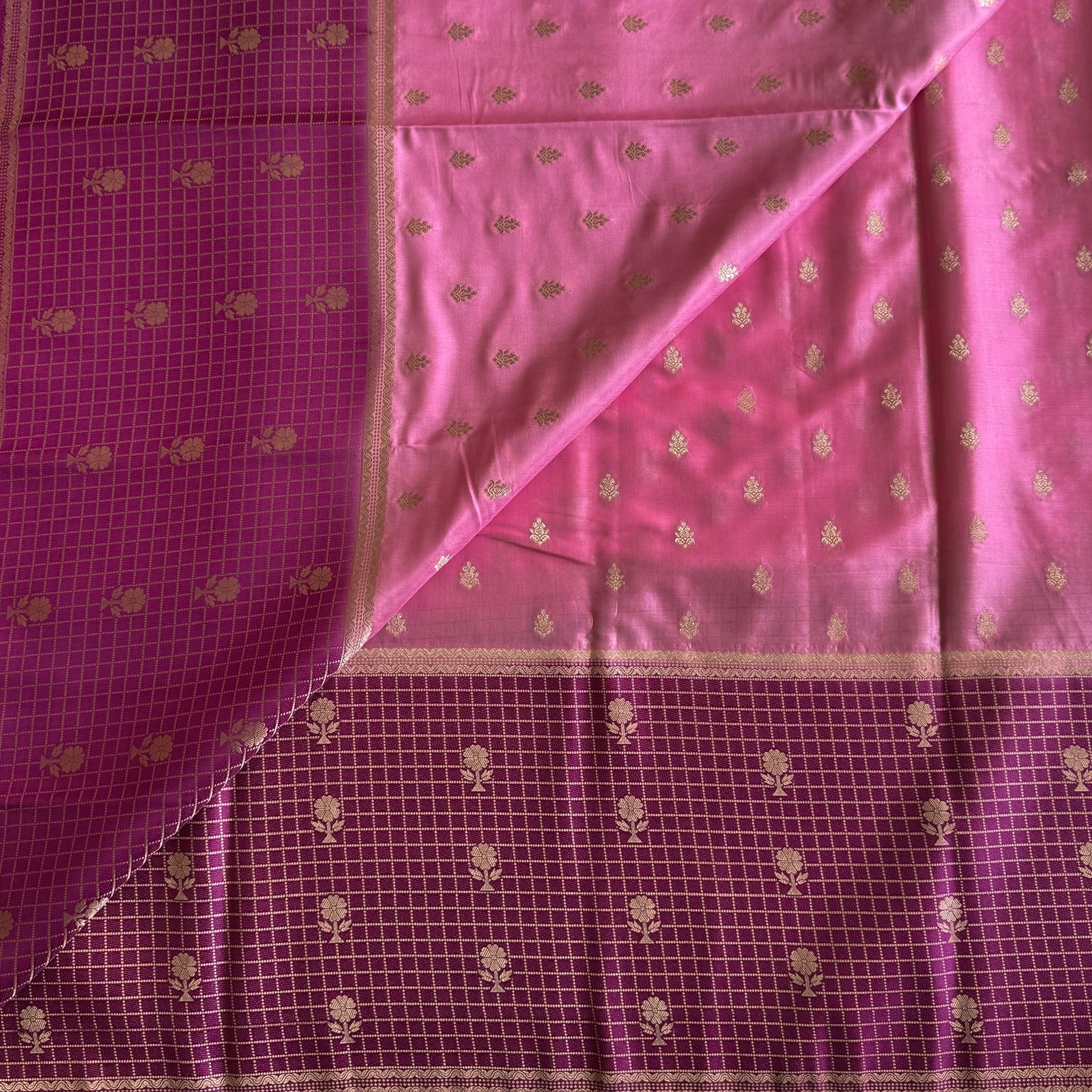Rose Pink Silk Saree Magenta Pallu Gold Zari Checked Border