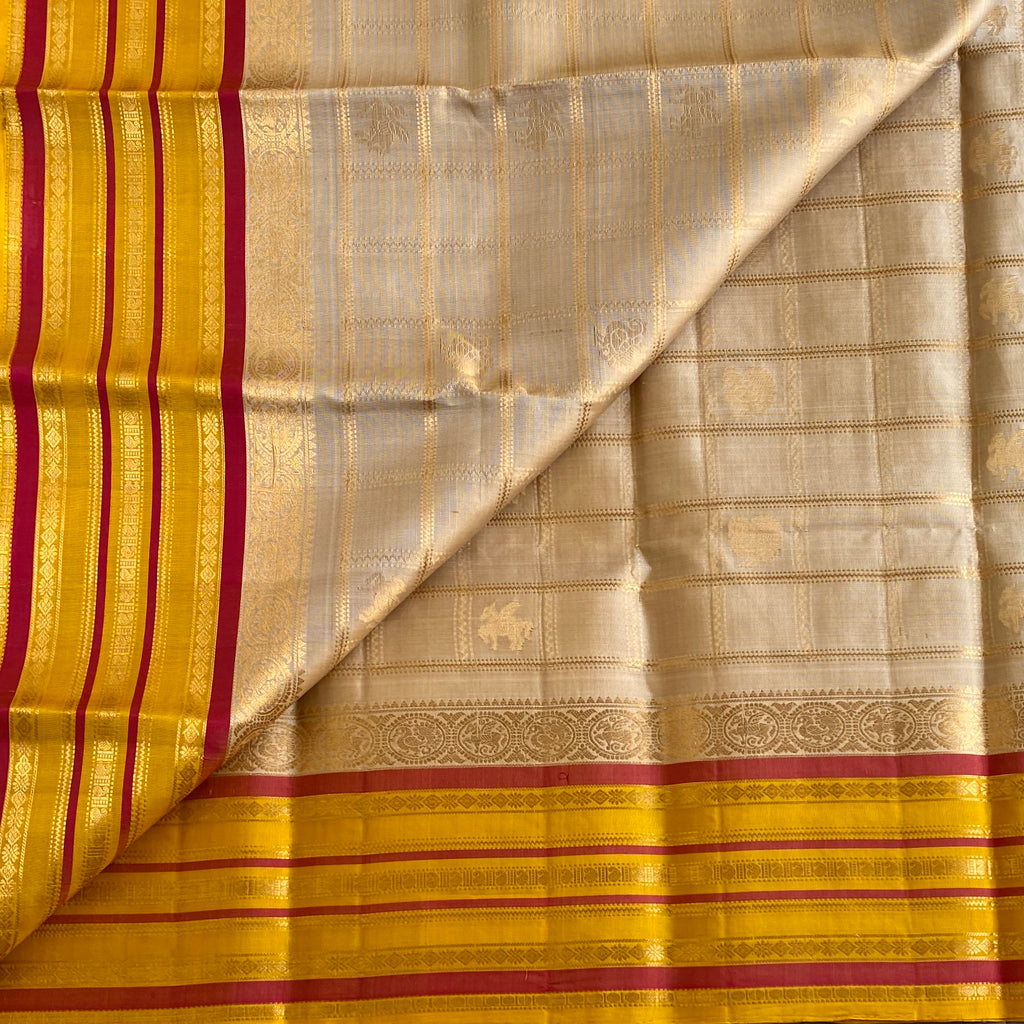 Ivory Designer Pure Silk Saree With Mustard & Rose Pink Pallu