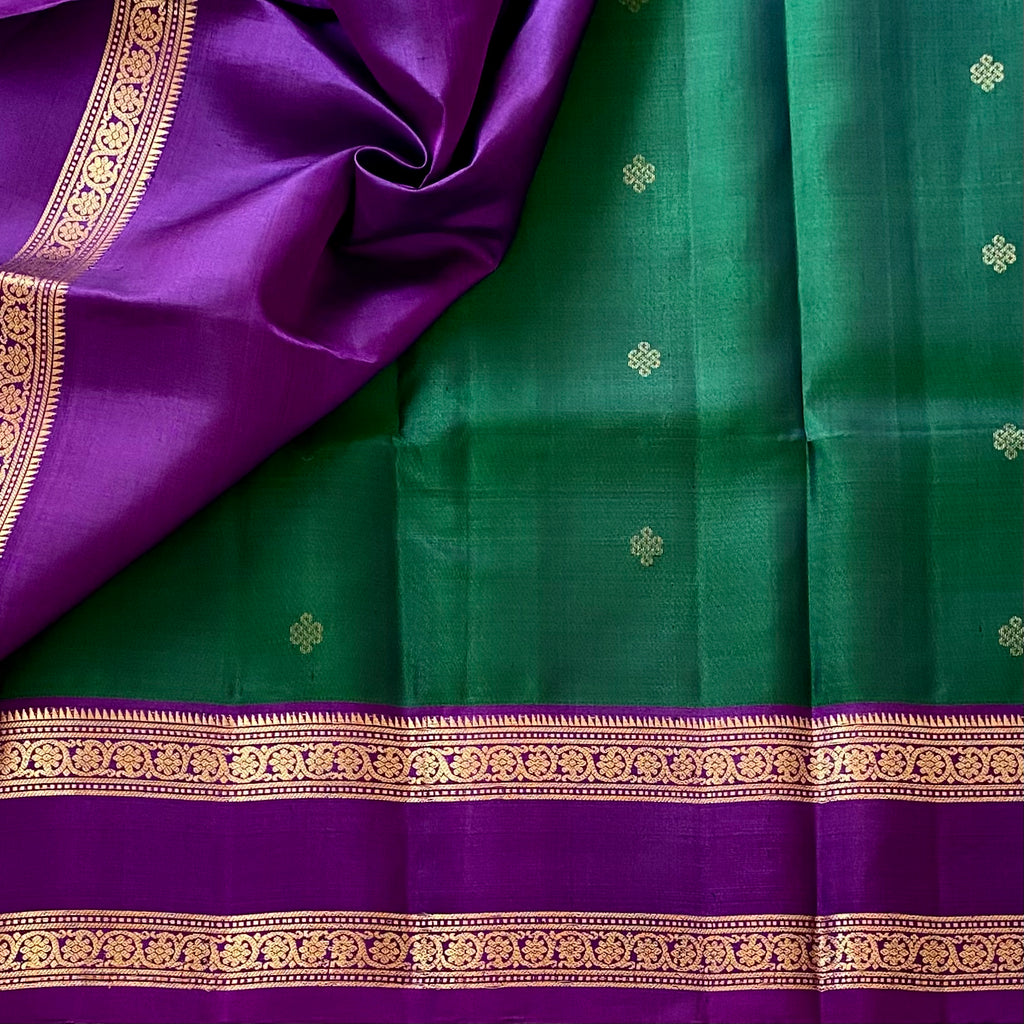 Emerald Green Designer Pure Silk Saree Royal Purple Zari Border