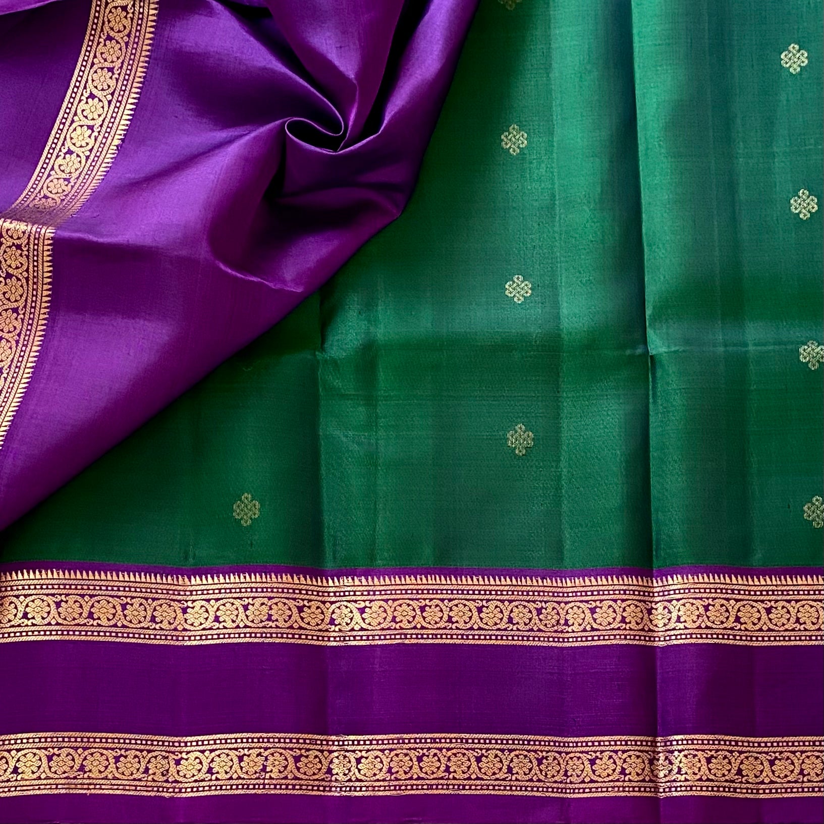 Emerald Green Designer Pure Silk Saree Royal Purple Zari Border
