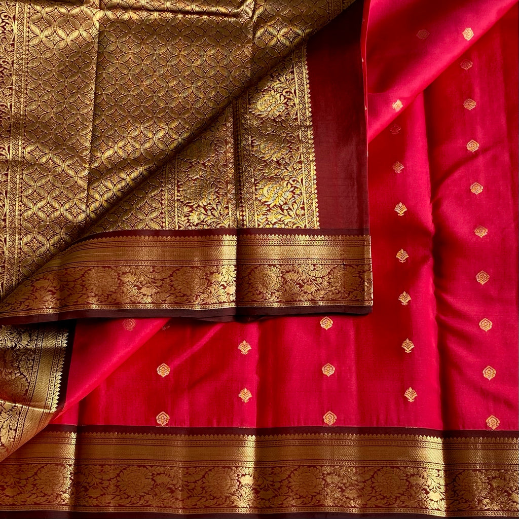 Tomato red with Wine Brown Designer Pure silk with Rich Borders