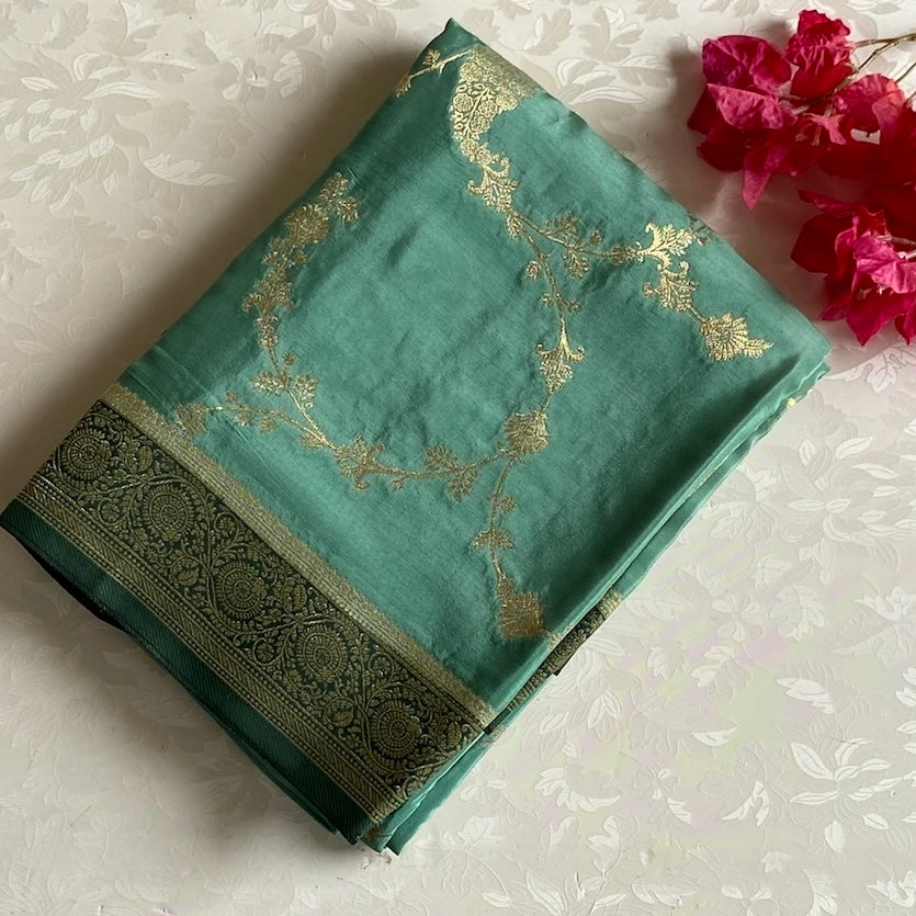 Teal Green Soft Tussar Silk Saree With Deep Emerald Green Pallu