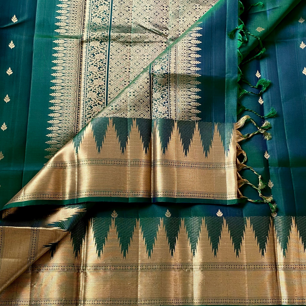 Emerald Green Gold Brocade Saree With Wide Zari Border