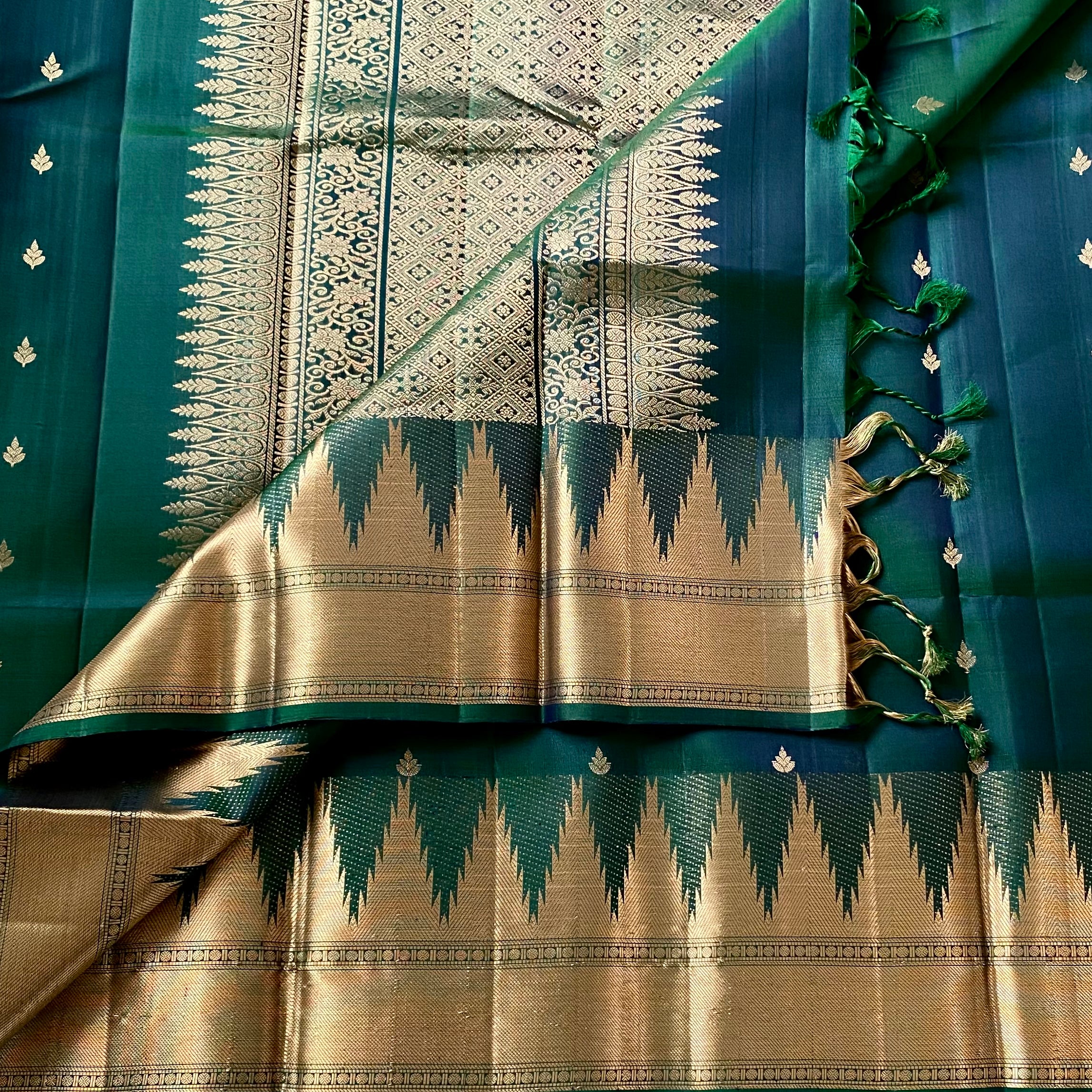 Emerald Green Gold Brocade Saree With Wide Zari Border