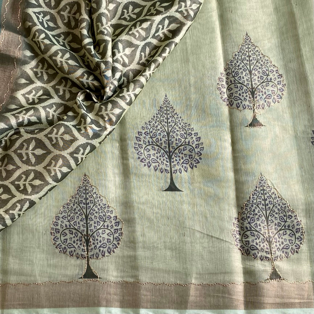 Pistachio Green Softest Linen Tussar Saree With Olive Green Printed Blouse