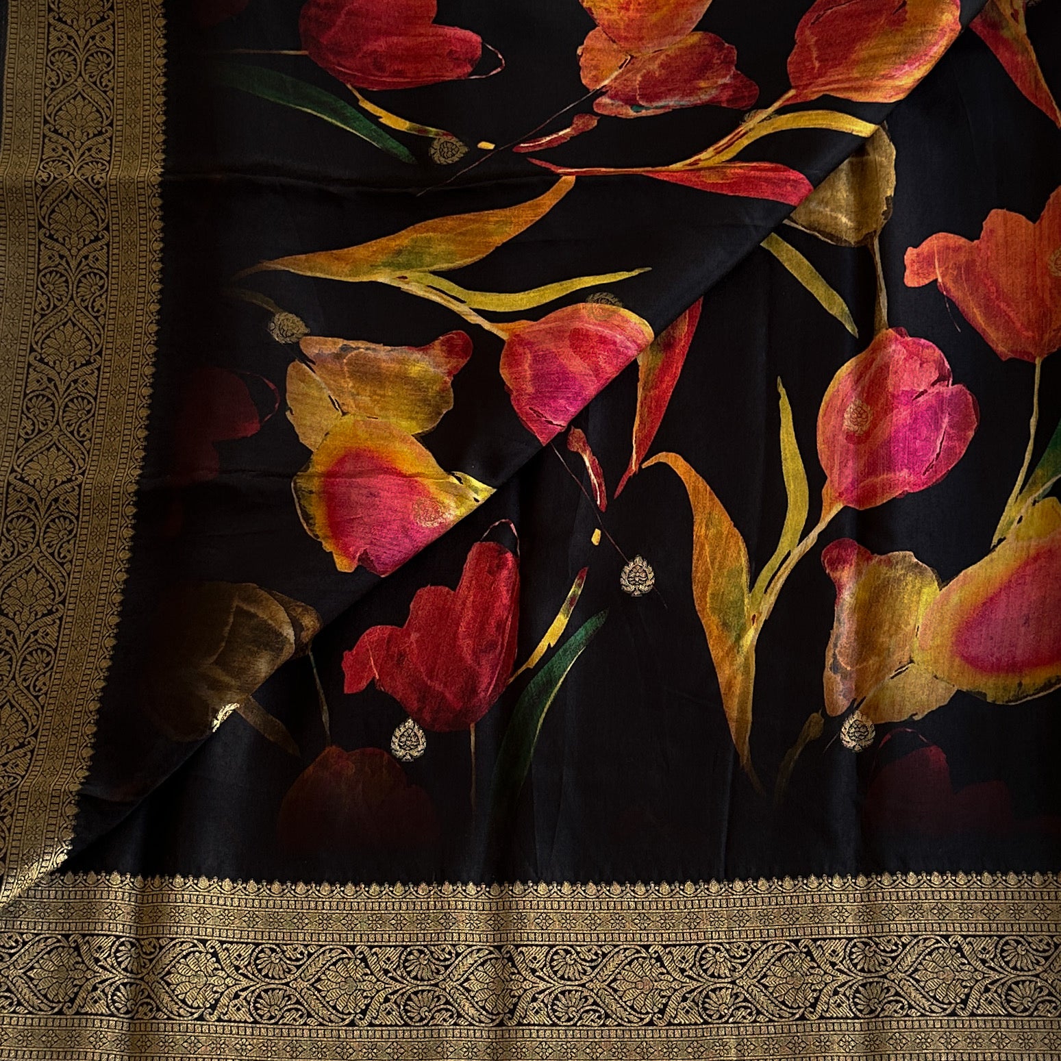 Midnight green Floral Luxury soft tussar Saree with Antique Gold Brocade Border