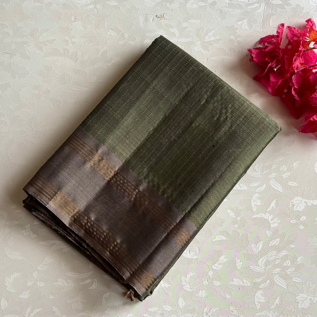 Olive Green Checkered Designer Pure Silk Saree With Taupe Grey Brocade Pallu