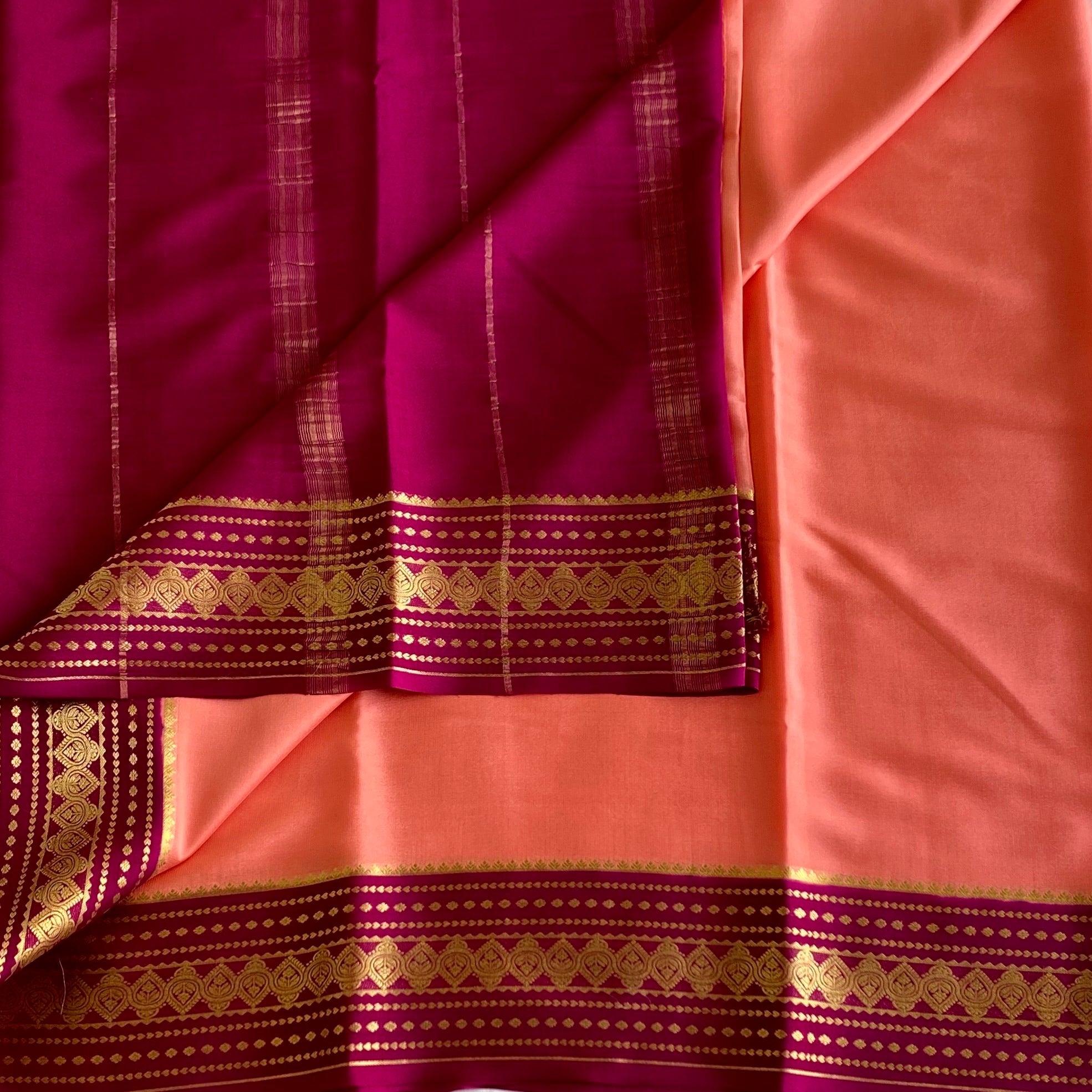 Coral Pink And Magenta Mysore Crepe Silk Saree With Zari Border