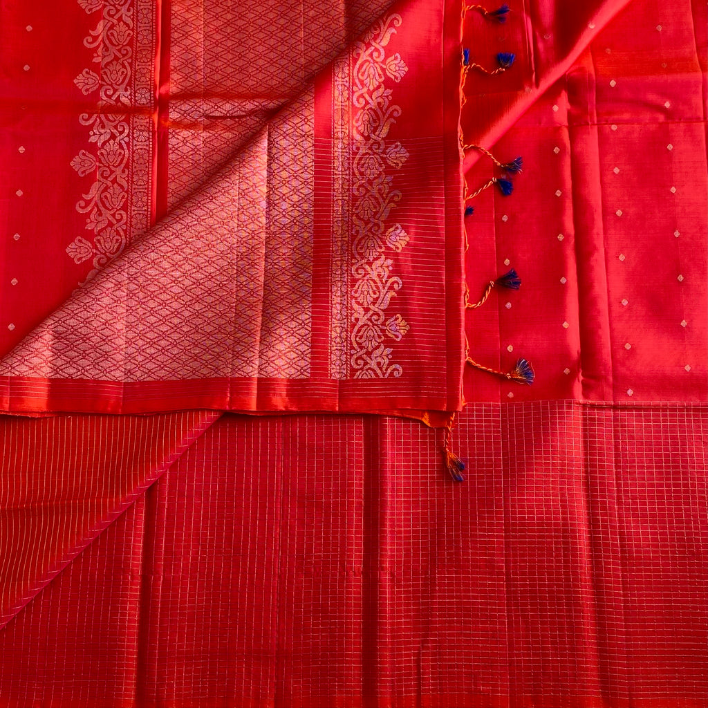 Scarlet Red And Gold Designer Pure Silk Saree With Floral Pallu