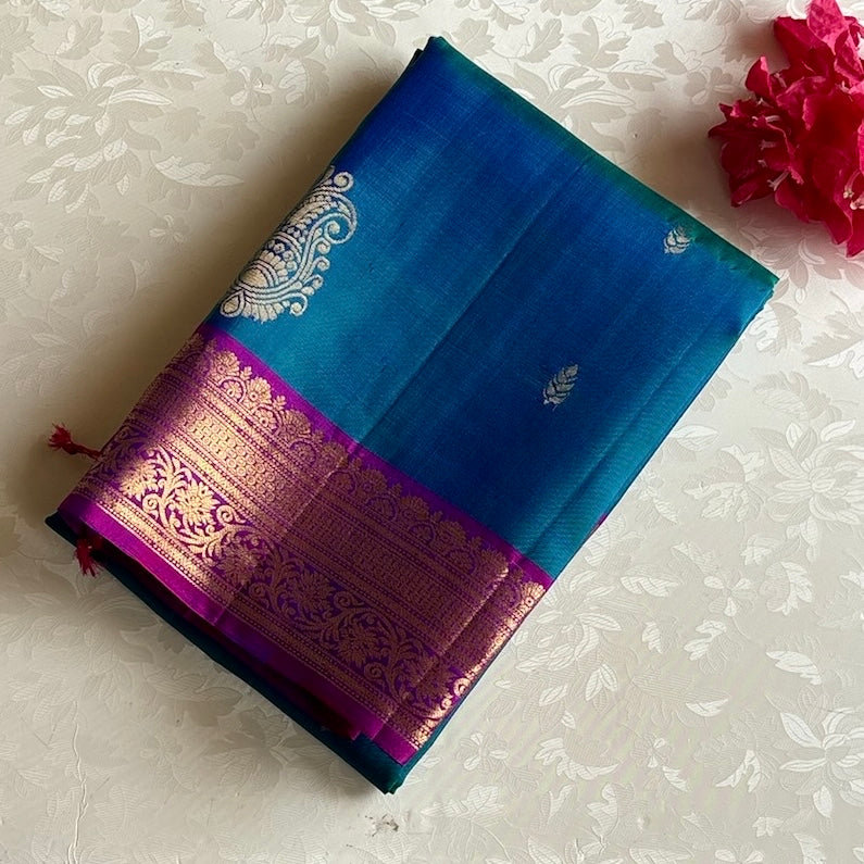 Teal Blue Designer Pure Silk Saree With Magenta Pallu And Paisley
