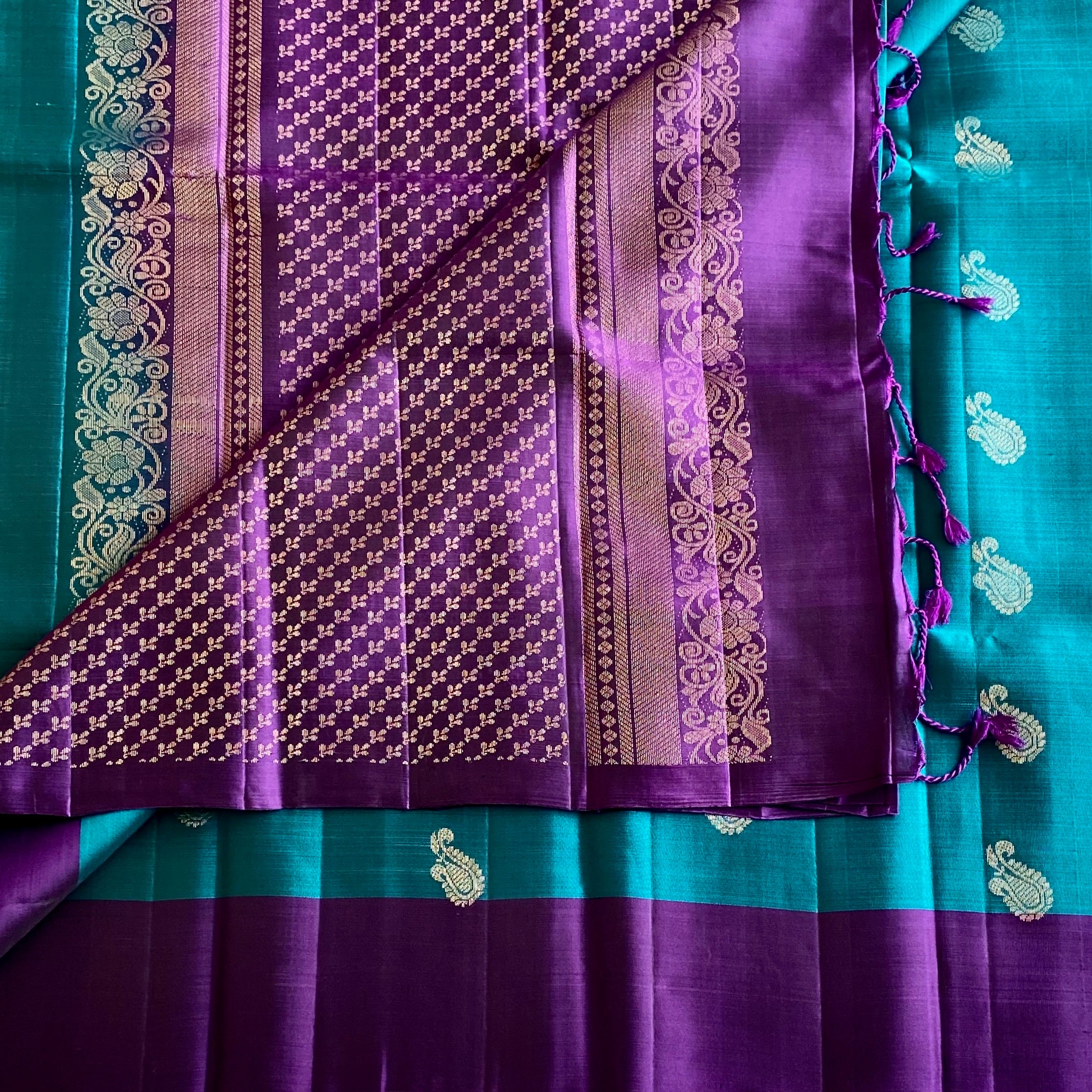 Teal Green Designer Pure Silk Saree With Royal Purple Pallu