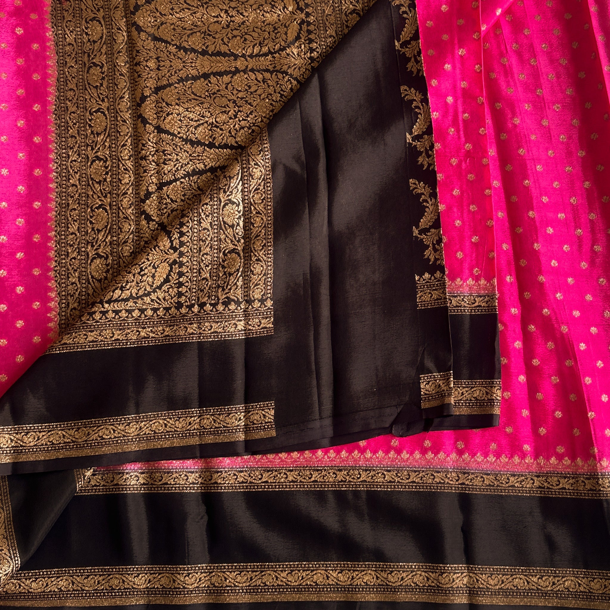 Magenta Black Silk Saree Gold Brocade Contrast Border Wedding Saree
