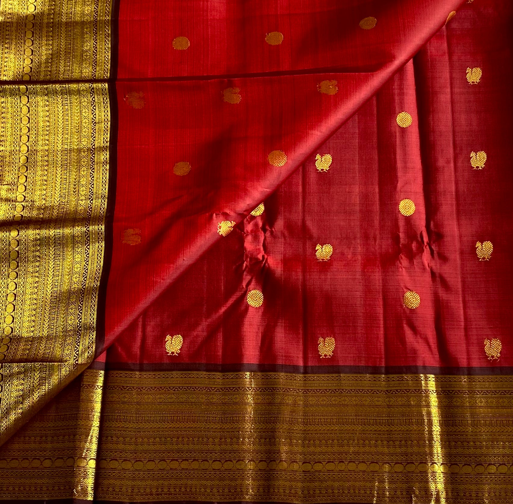 Deep maroon Silk Saree With Gold Brocade Temple Border Buttas