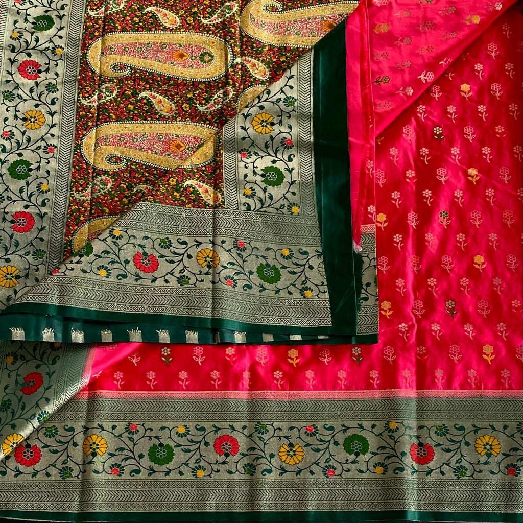 Magenta Silk Banarasi Saree With Emerald Green Brocade Paisley Border