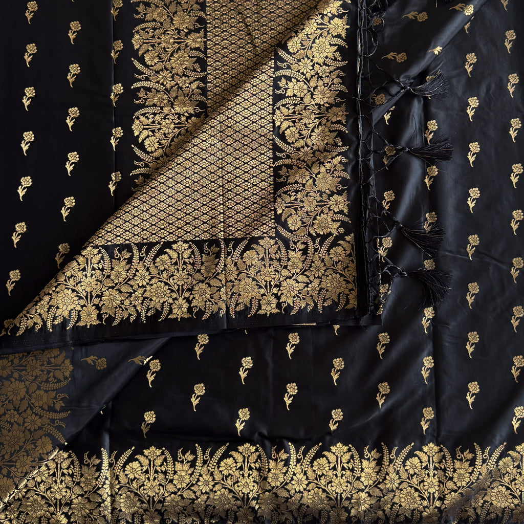 Jet Black gold zari woven designer soft gaji silk