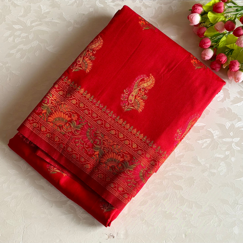 Ferrari Red Meenakari Woven (Not Printed) Soft Tussar Silk Saree With Meenakari Pallu