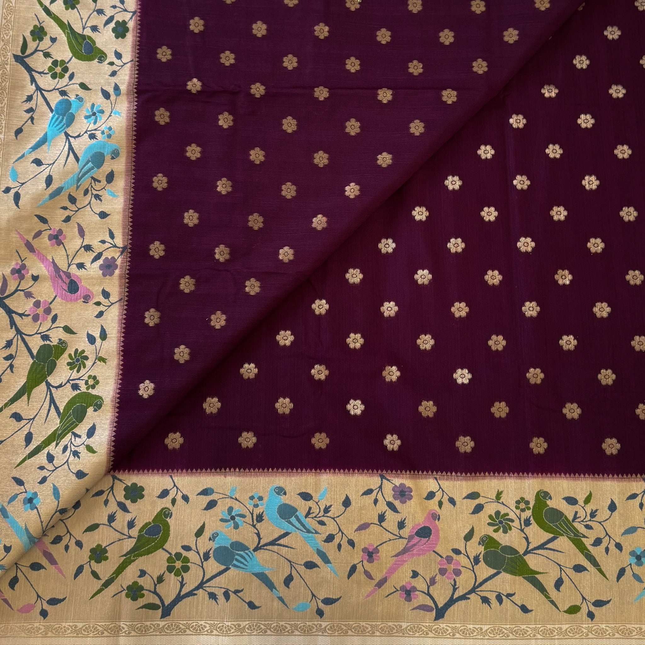 Deep Maroon Saree With Cream Pallu Bird Motif Gold Border
