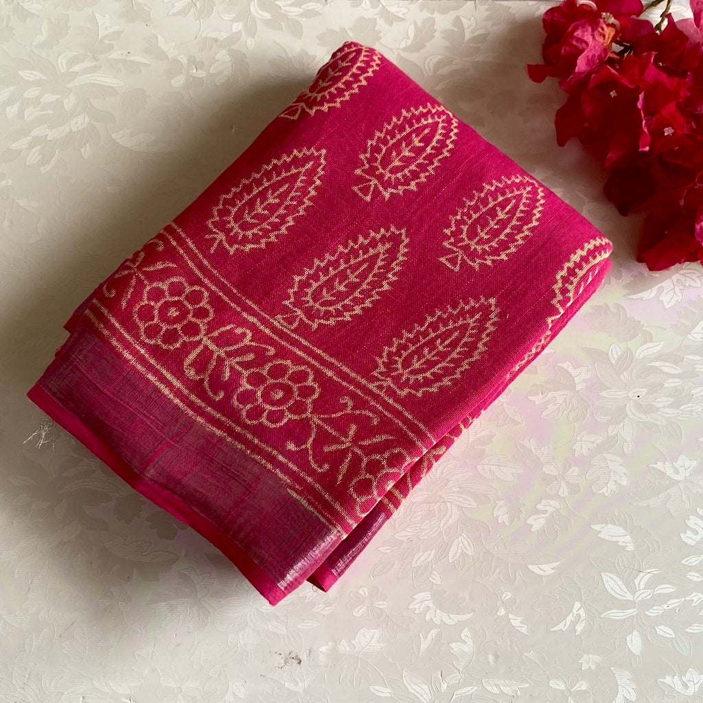 Rani Pink Soft Linen Block Printed Stunner With Antique Silver Borders