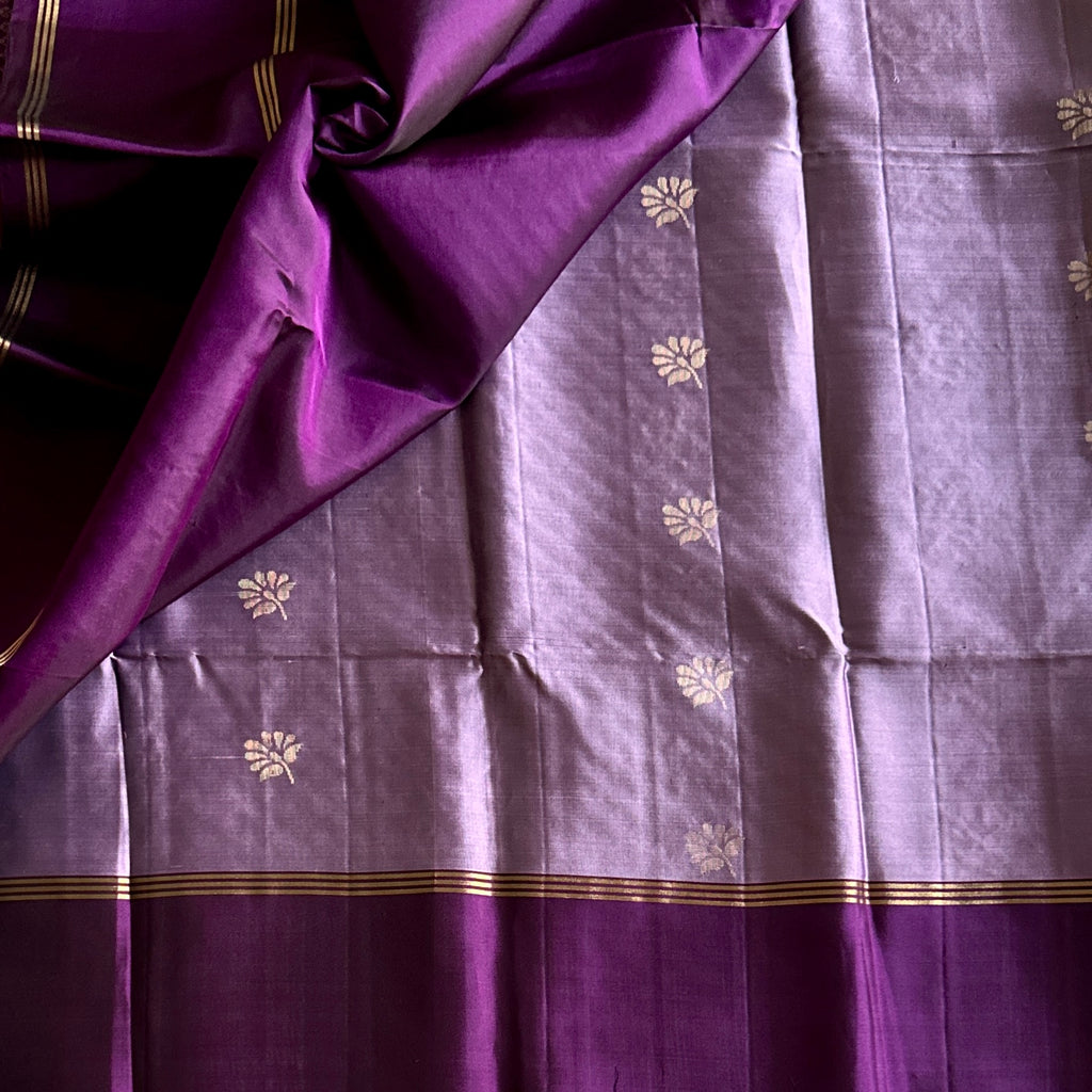 Purple silk saree gold zari floral border diamond pallu tassels